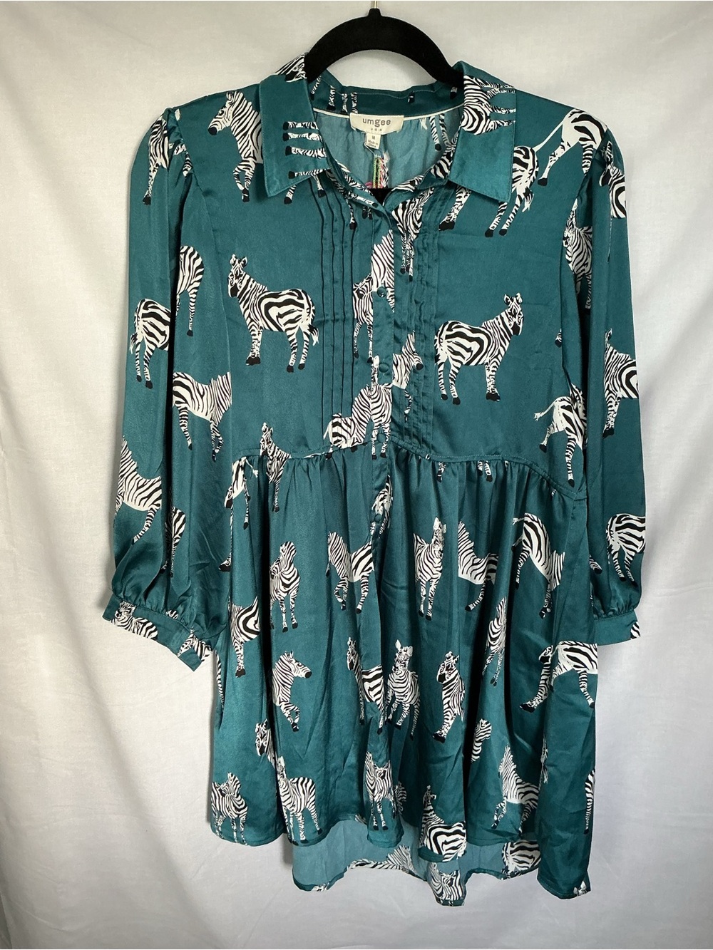 Umgee Teal Satin Zebra Print Button Down Long-sleeve Dress